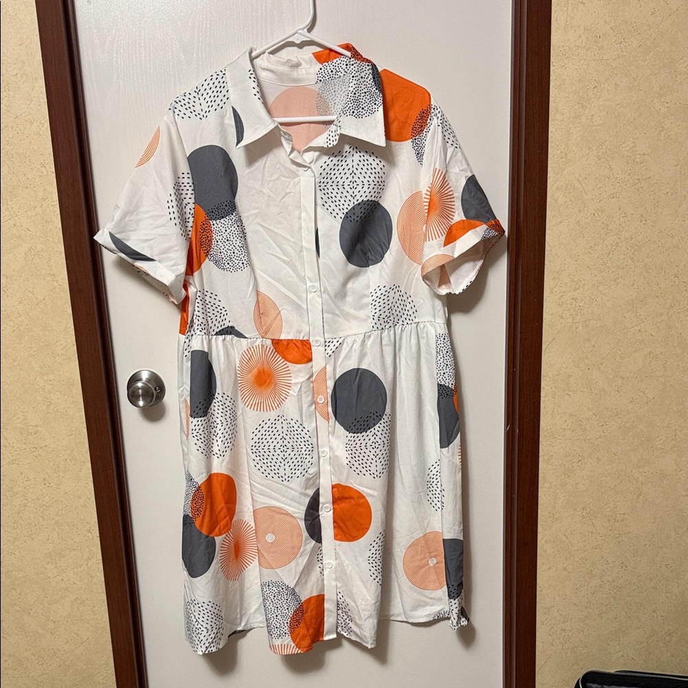 Shein White Dress with Orange and Gray Polka Dots Size 2XL